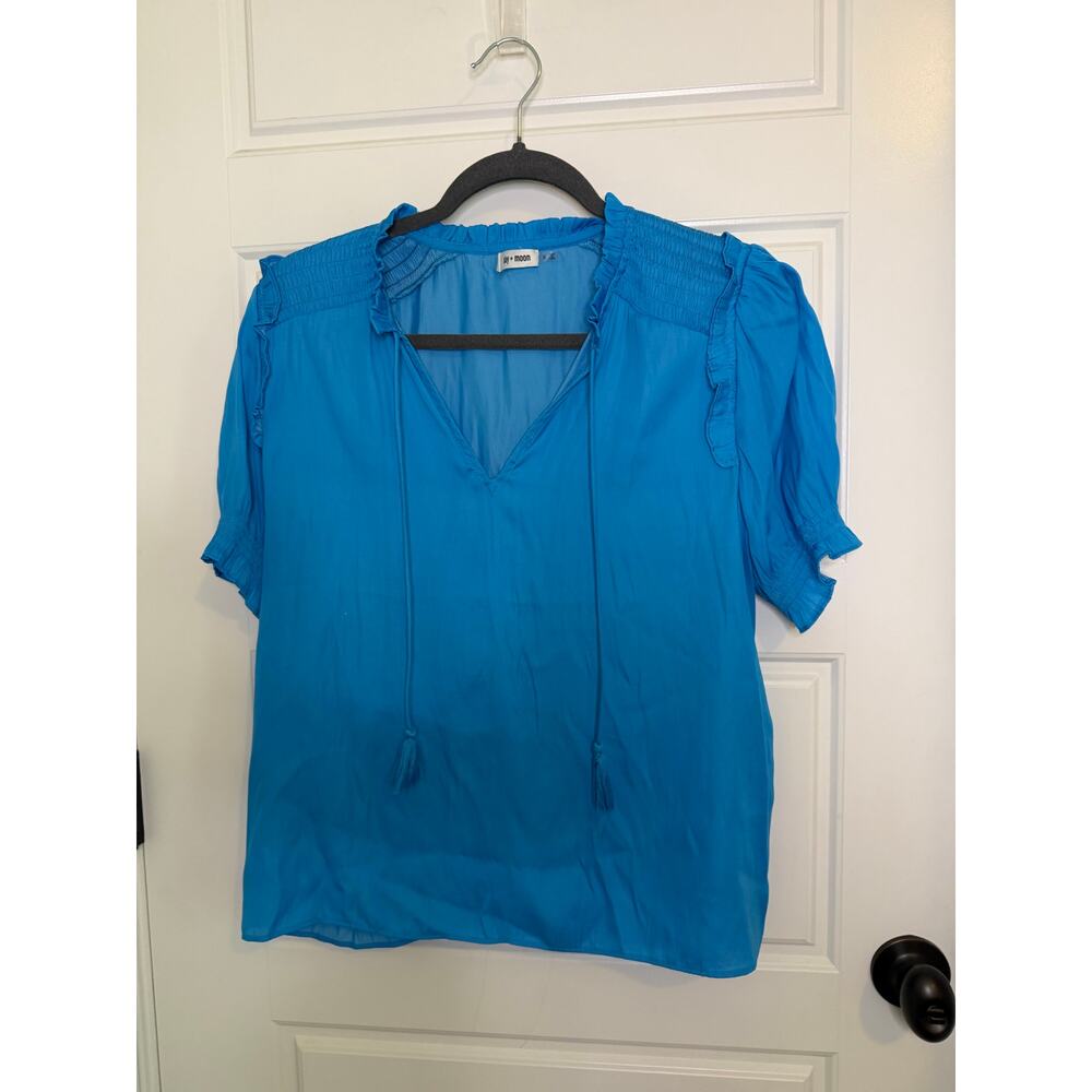 Day+Moon Bright Blue Small VNeck Flutter Sleeve Flowy Blouse Summer Spring Beach